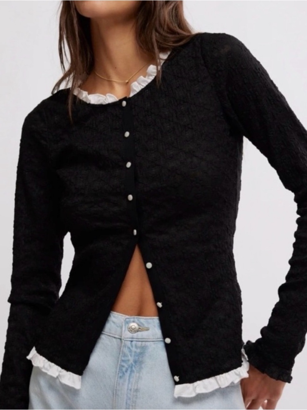 Free People Black Long-Sleeve Pearl Button Cardigan
